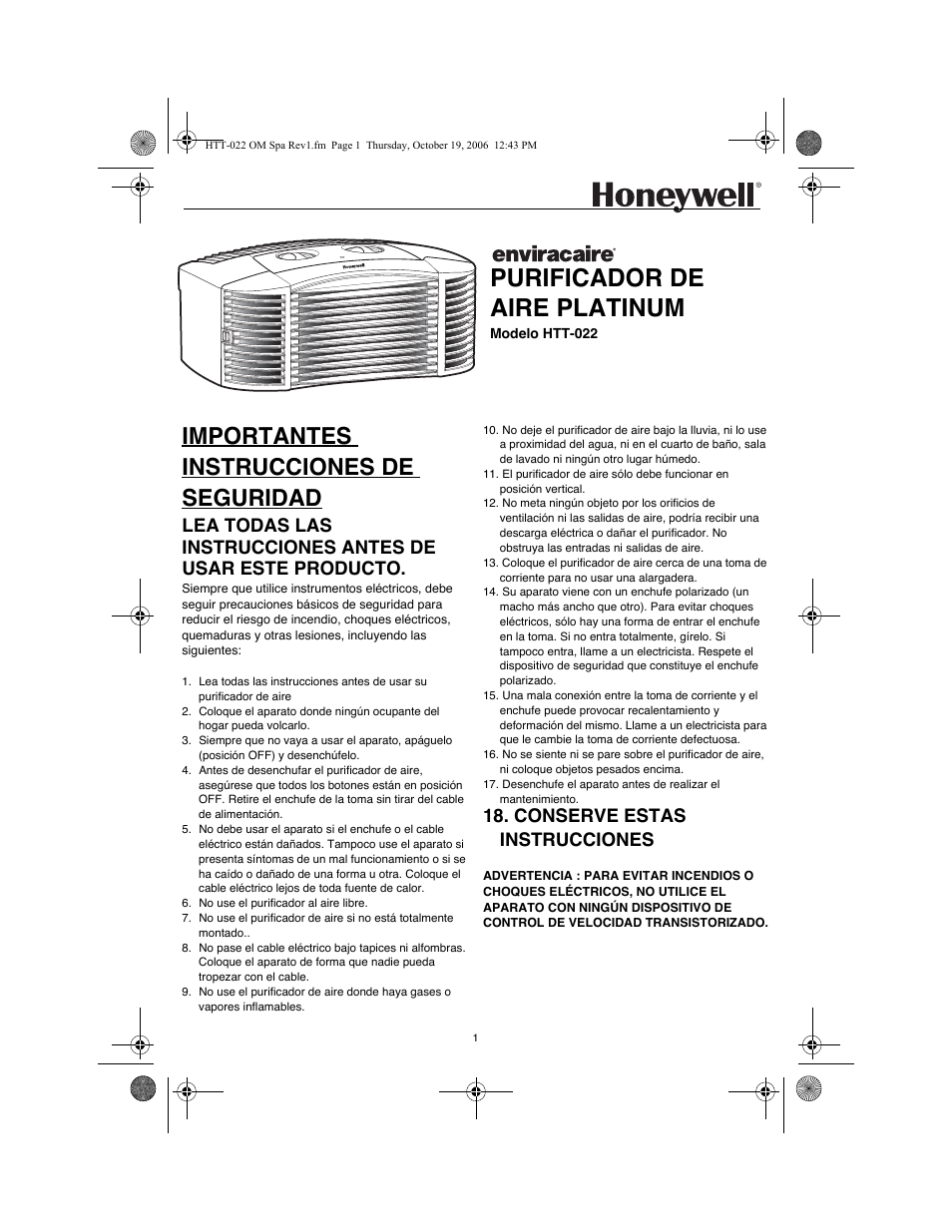 Purificador de aire platinum, Importantes instrucciones de seguridad, Conserve estas instrucciones | Honeywell ENVIRACAIRE HTT-022 User Manual | Page 9 / 12