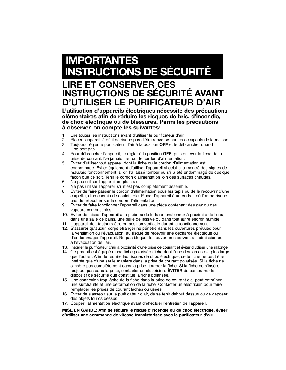 Importantes instructions de sécurité | Honeywell Air Purifier 50100 User Manual | Page 11 / 27