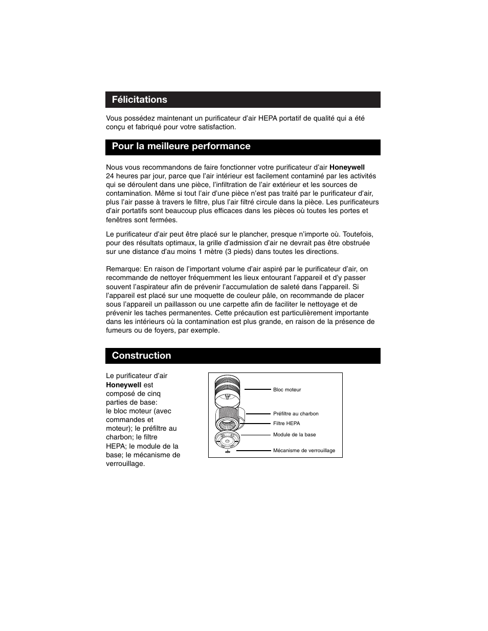 Félicitations, Pour la meilleure performance, Construction | Honeywell Air Purifier 50100 User Manual | Page 12 / 27