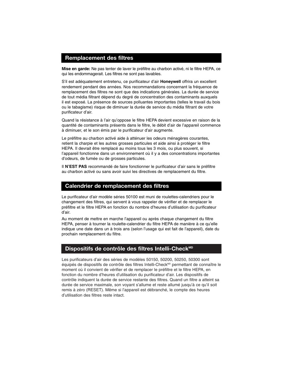 Dispositifs de contrôle des filtres intelli-check | Honeywell Air Purifier 50100 User Manual | Page 14 / 27