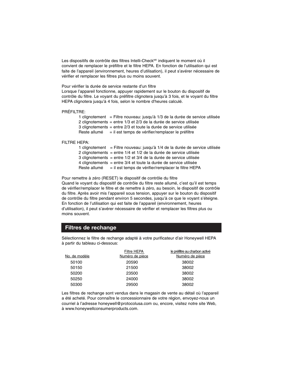 Filtres de rechange | Honeywell Air Purifier 50100 User Manual | Page 15 / 27