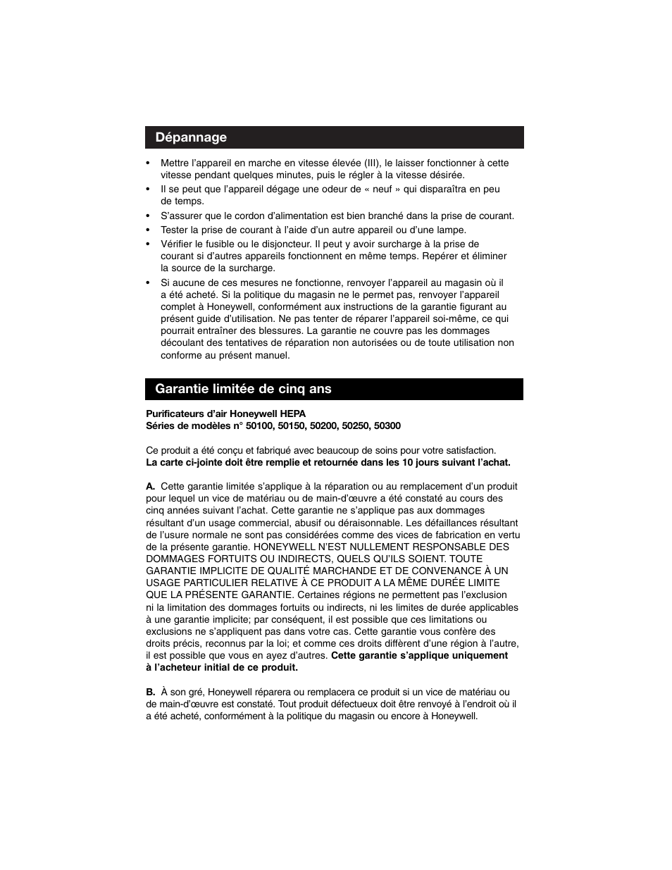 Dépannage, Garantie limitée de cinq ans | Honeywell Air Purifier 50100 User Manual | Page 17 / 27