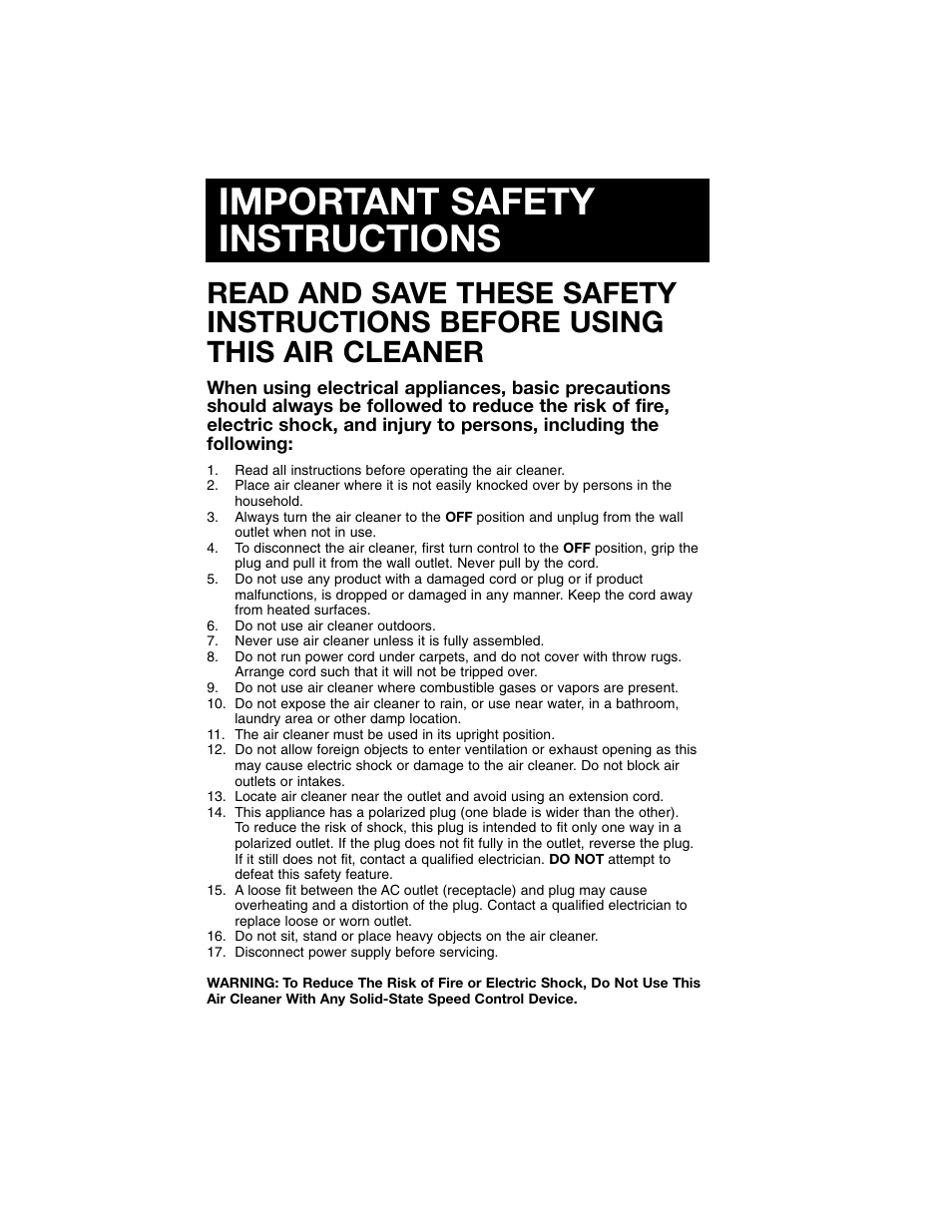 Important safety instructions | Honeywell Air Purifier 50100 User Manual | Page 2 / 27