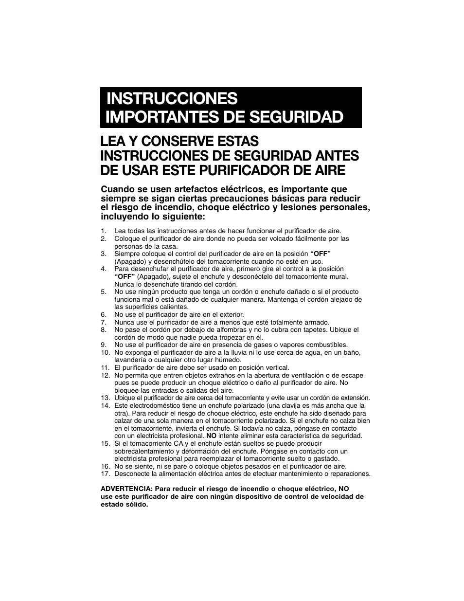 Instrucciones importantes de seguridad | Honeywell Air Purifier 50100 User Manual | Page 20 / 27