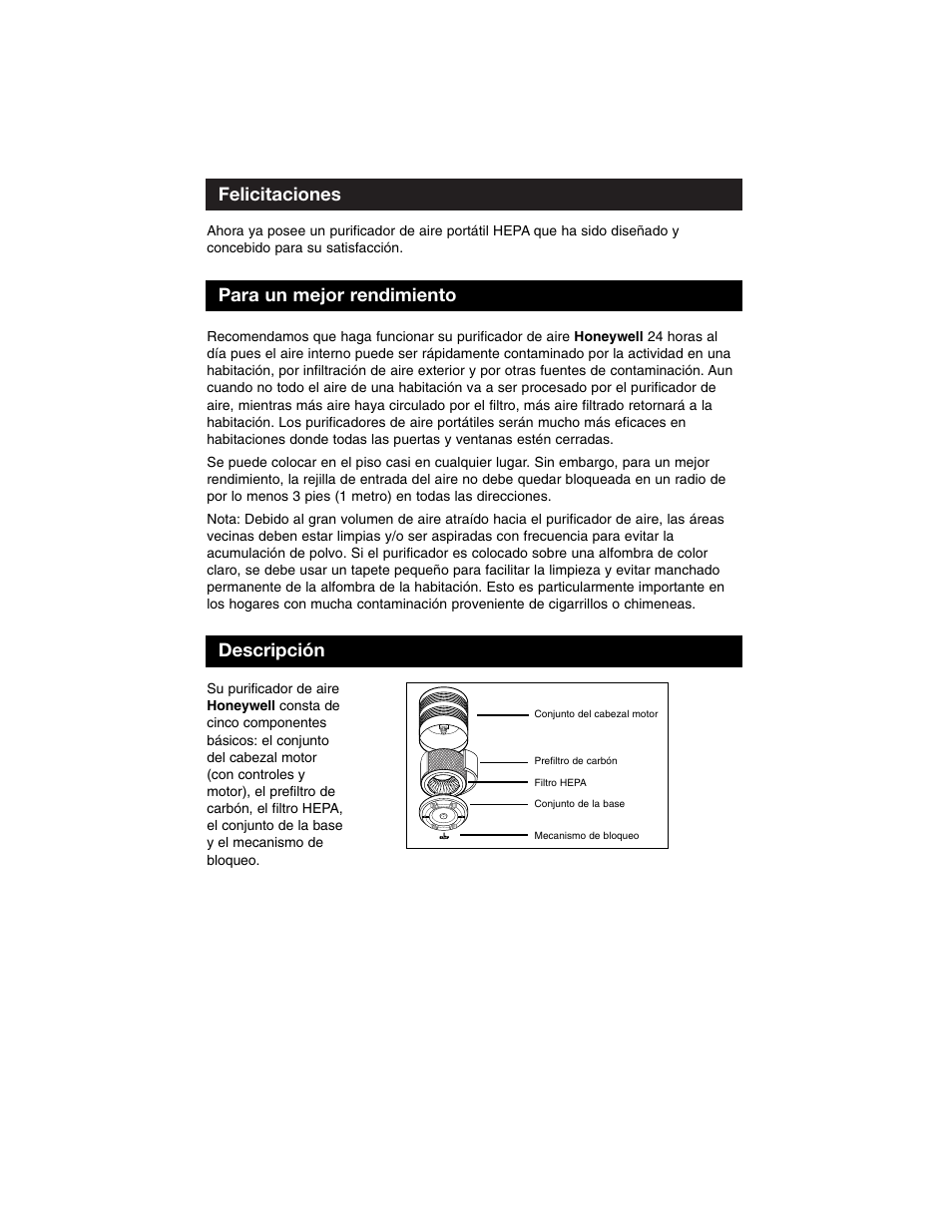 Felicitaciones, Para un mejor rendimiento, Descripción | Honeywell Air Purifier 50100 User Manual | Page 21 / 27