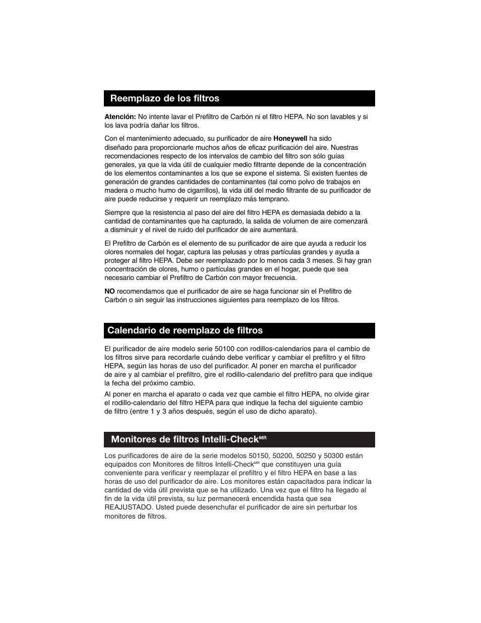 Monitores de filtros intelli-check | Honeywell Air Purifier 50100 User Manual | Page 23 / 27