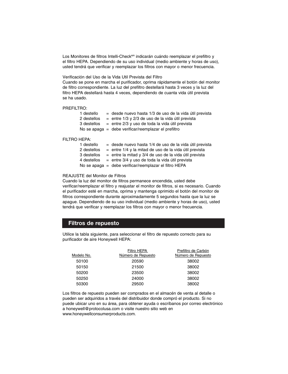 Filtros de repuesto | Honeywell Air Purifier 50100 User Manual | Page 24 / 27