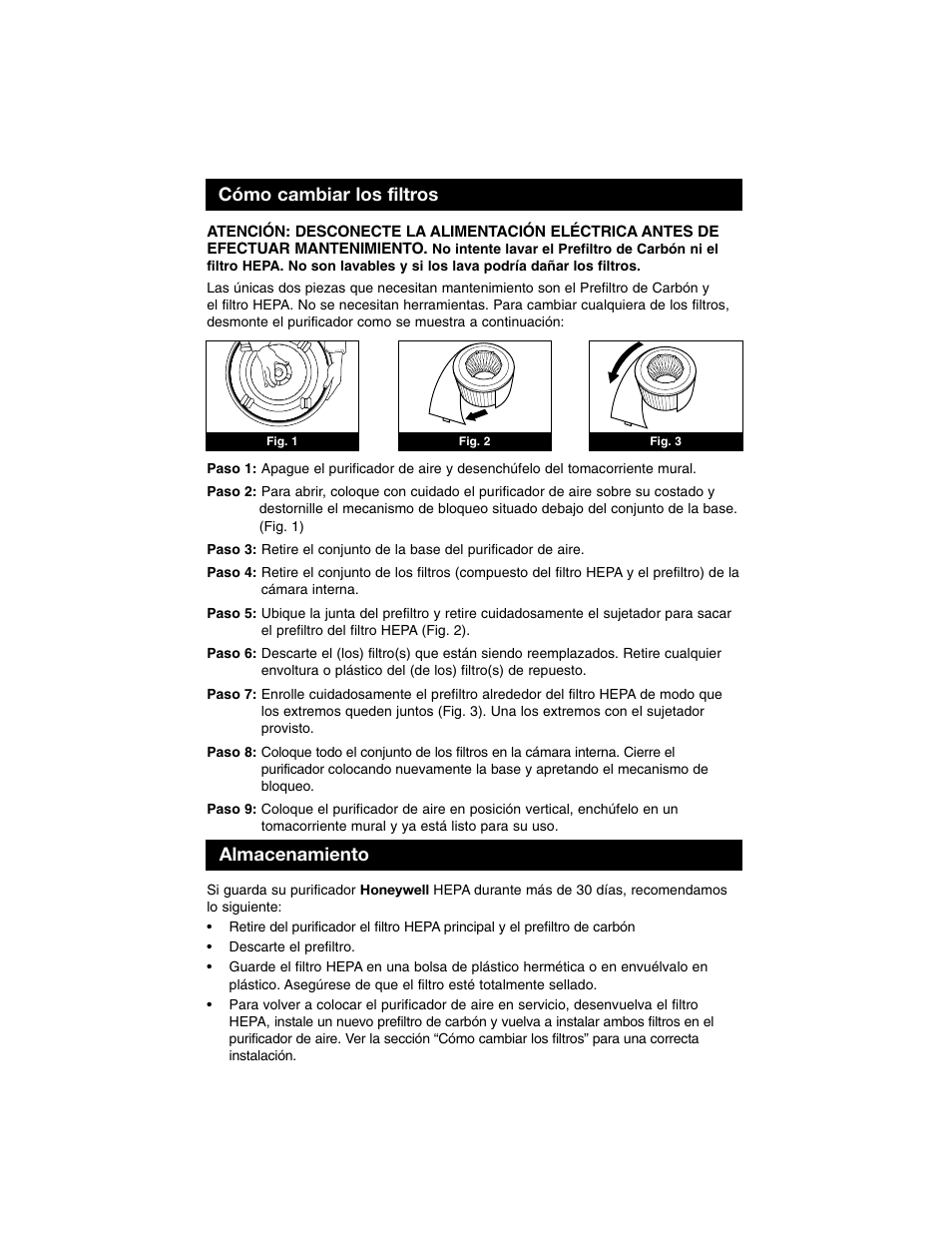Cómo cambiar los filtros, Almacenamiento | Honeywell Air Purifier 50100 User Manual | Page 25 / 27