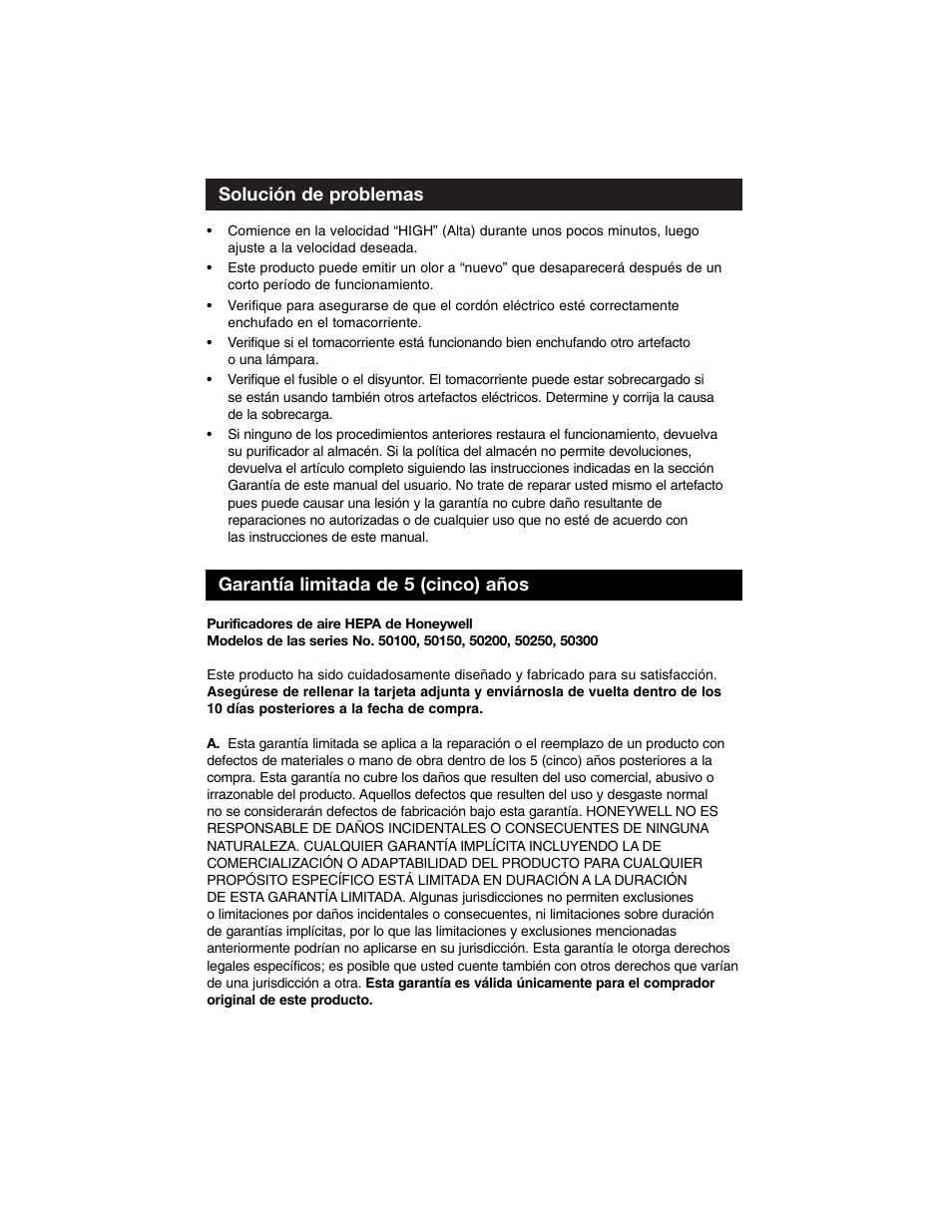 Solución de problemas, Garantía limitada de 5 (cinco) años | Honeywell Air Purifier 50100 User Manual | Page 26 / 27