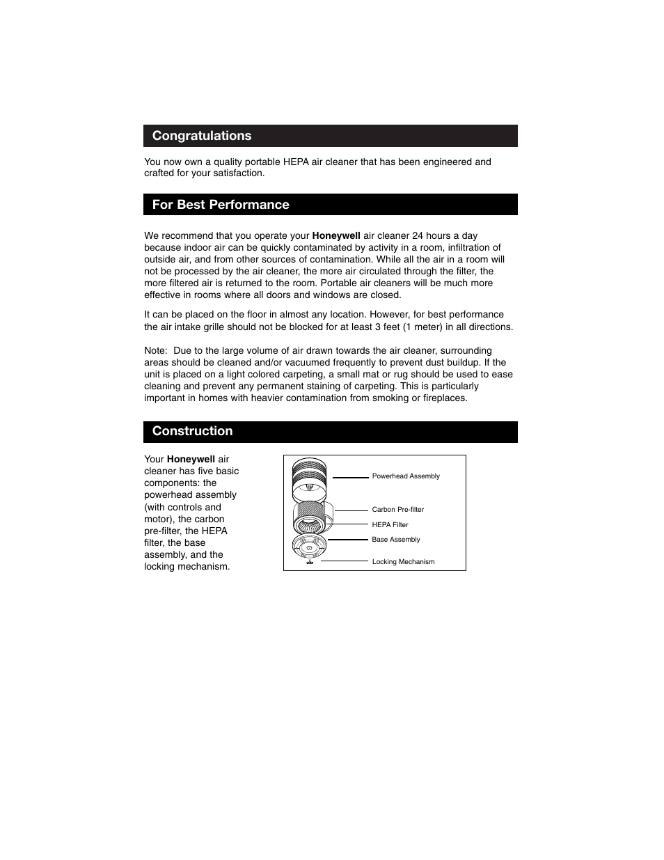 For best performance, Construction | Honeywell Air Purifier 50100 User Manual | Page 3 / 27