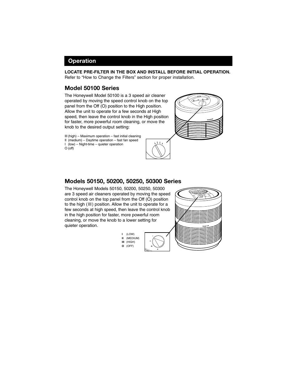 Operation, Iii o | Honeywell Air Purifier 50100 User Manual | Page 4 / 27