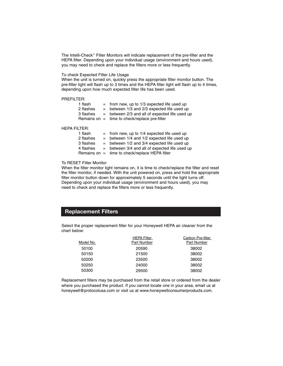 Replacement filters | Honeywell Air Purifier 50100 User Manual | Page 6 / 27