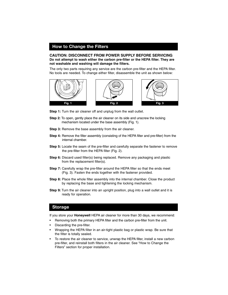 How to change the filters, Storage | Honeywell Air Purifier 50100 User Manual | Page 7 / 27