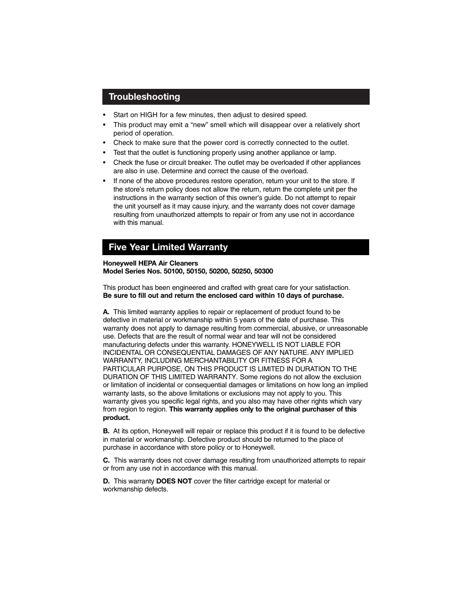 Troubleshooting, Five year limited warranty | Honeywell Air Purifier 50100 User Manual | Page 8 / 27