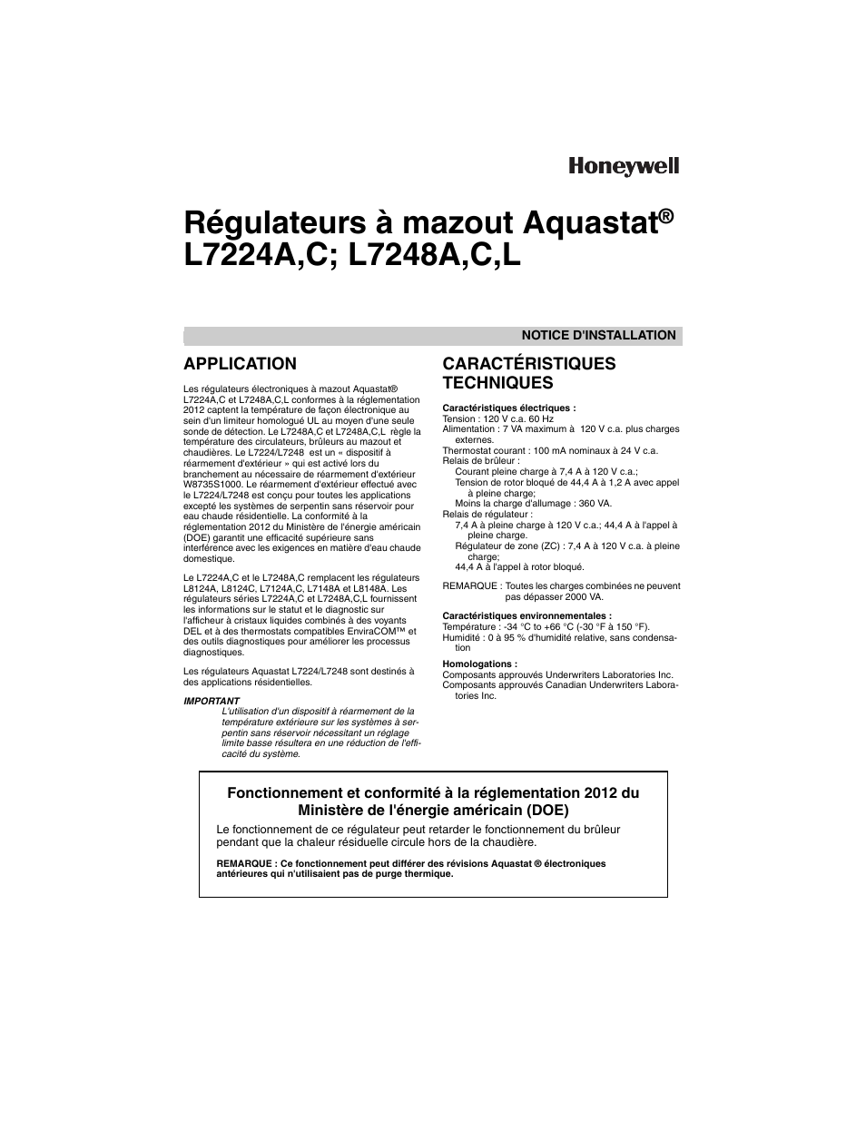 Application, Caractéristiques techniques, Régulateurs à mazout aquastat | Honeywell L7224A User Manual | Page 17 / 52