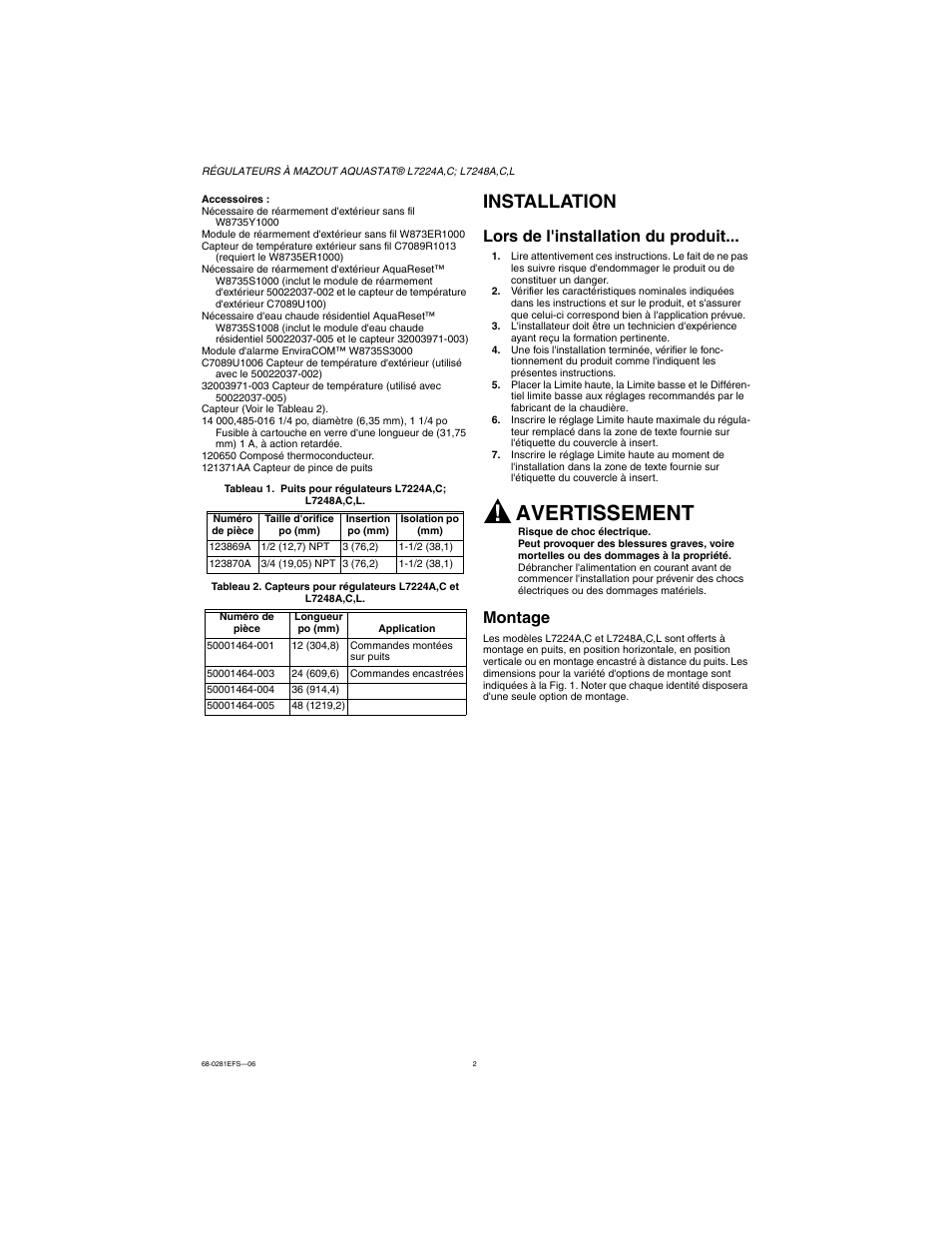 Installation, Lors de l'installation du produit, Montage | Avertissement | Honeywell L7224A User Manual | Page 18 / 52