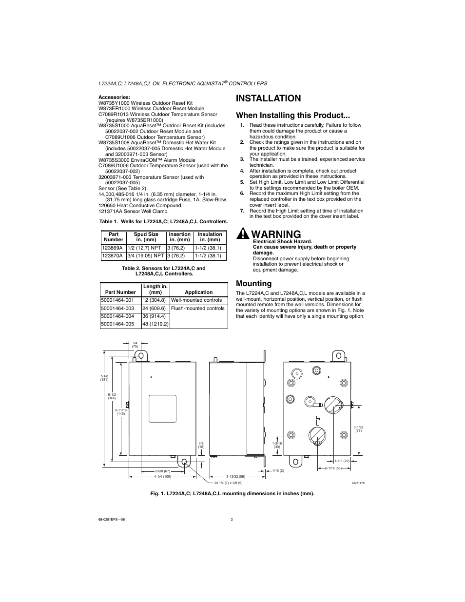 Installation, When installing this product, Mounting | Warning | Honeywell L7224A User Manual | Page 2 / 52