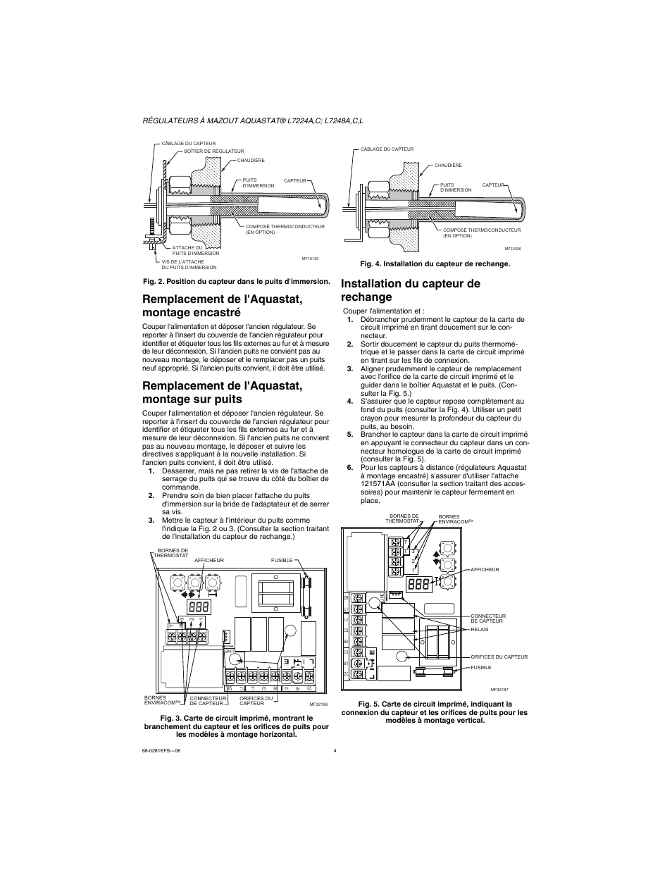 Remplacement de l'aquastat, montage encastré, Remplacement de l'aquastat, montage sur puits, Installation du capteur de rechange | Honeywell L7224A User Manual | Page 20 / 52