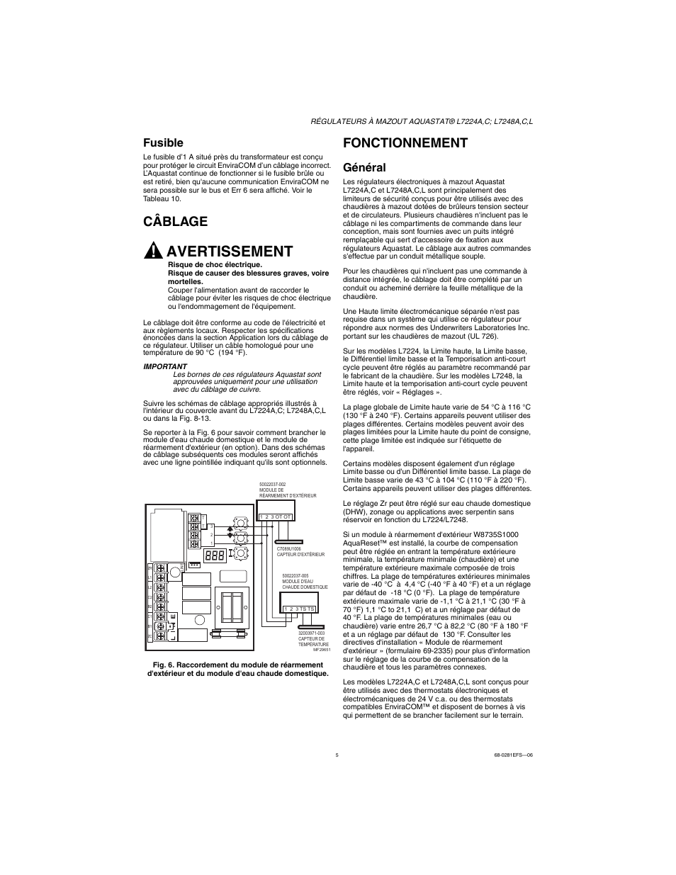 Fusible, Câblage, Fonctionnement | Général, Avertissement | Honeywell L7224A User Manual | Page 21 / 52