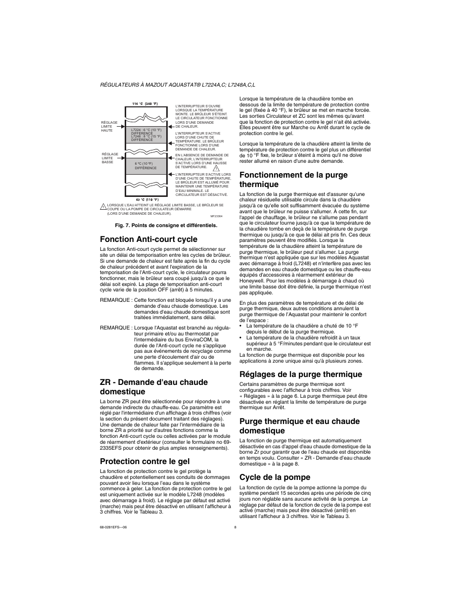 Fonction anti-court cycle, Zr - demande d'eau chaude domestique, Protection contre le gel | Fonctionnement de la purge thermique, Réglages de la purge thermique, Purge thermique et eau chaude domestique, Cycle de la pompe | Honeywell L7224A User Manual | Page 24 / 52