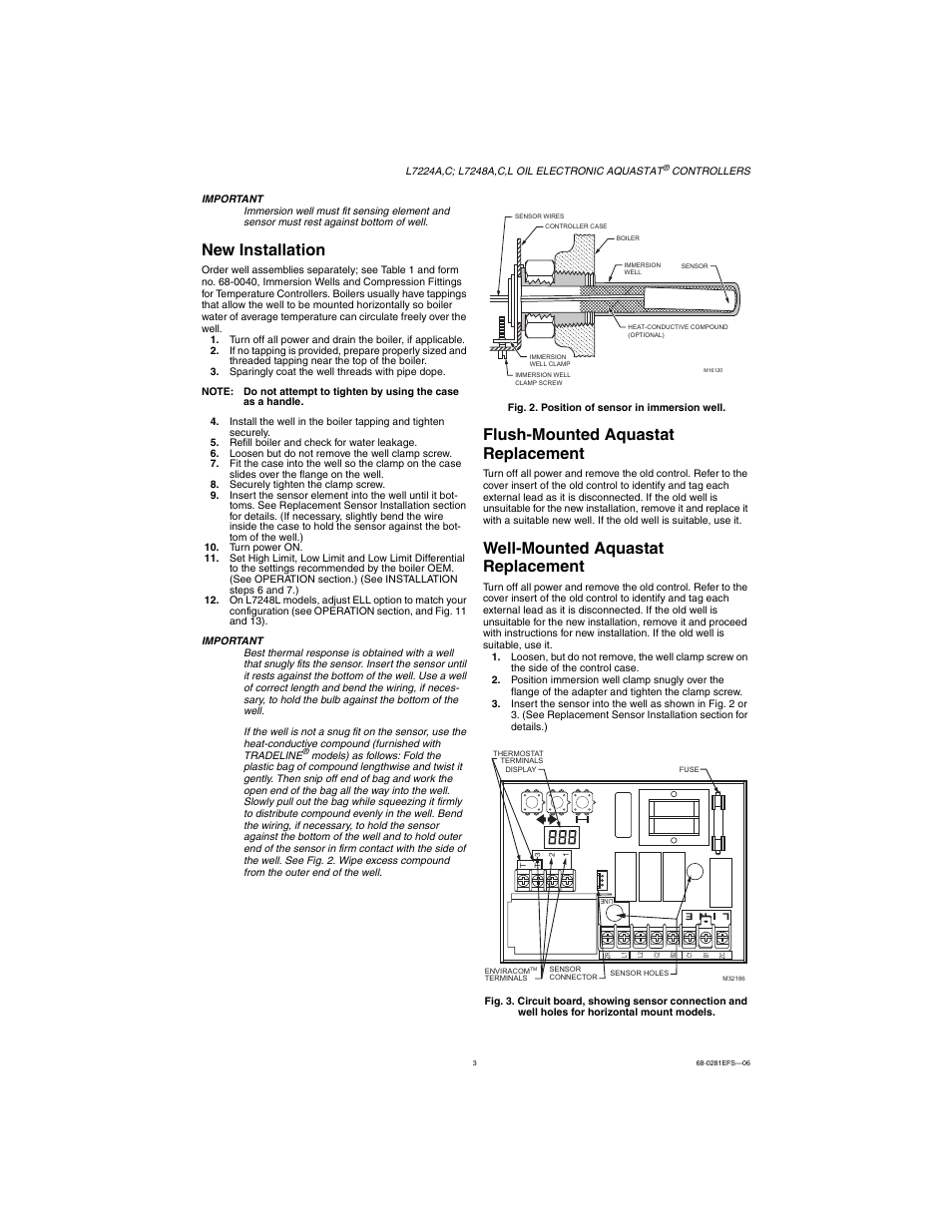 New installation, Flush-mounted aquastat replacement, Well-mounted aquastat replacement | Honeywell L7224A User Manual | Page 3 / 52