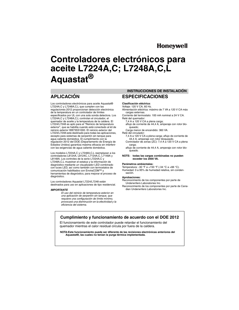 Aplicación, Especificaciones | Honeywell L7224A User Manual | Page 35 / 52