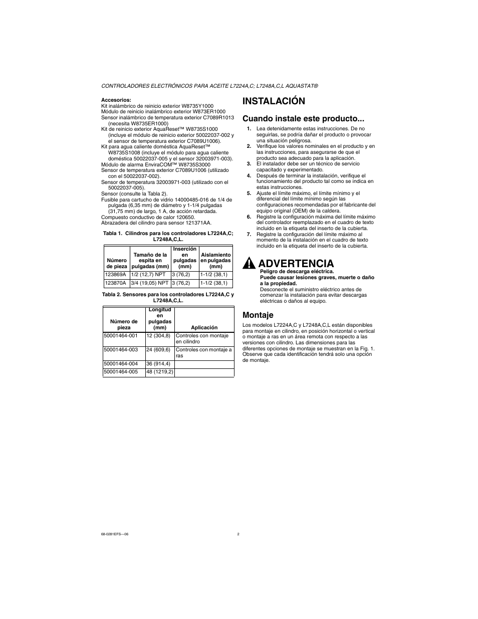 Instalación, Cuando instale este producto, Montaje | Advertencia | Honeywell L7224A User Manual | Page 36 / 52