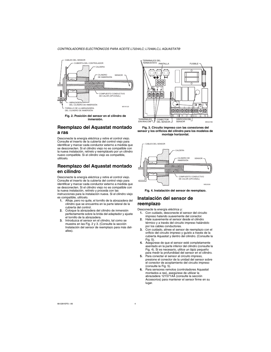 Reemplazo del aquastat montado a ras, Reemplazo del aquastat montado en cilindro, Instalación del sensor de reemplazo | Honeywell L7224A User Manual | Page 38 / 52