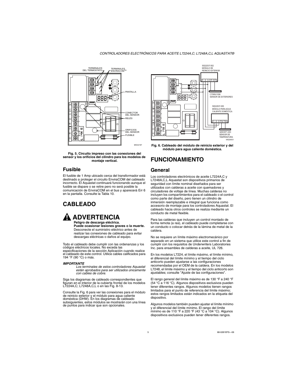 Fusible, Cableado, Funcionamiento | General, Advertencia | Honeywell L7224A User Manual | Page 39 / 52