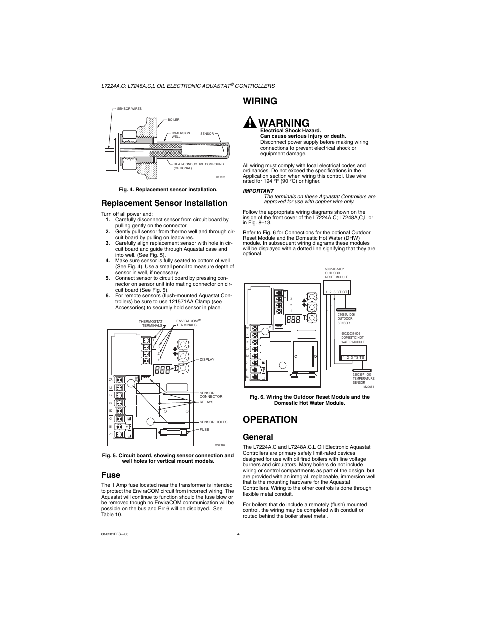 Replacement sensor installation, Fuse, Wiring | Operation, General, Warning | Honeywell L7224A User Manual | Page 4 / 52