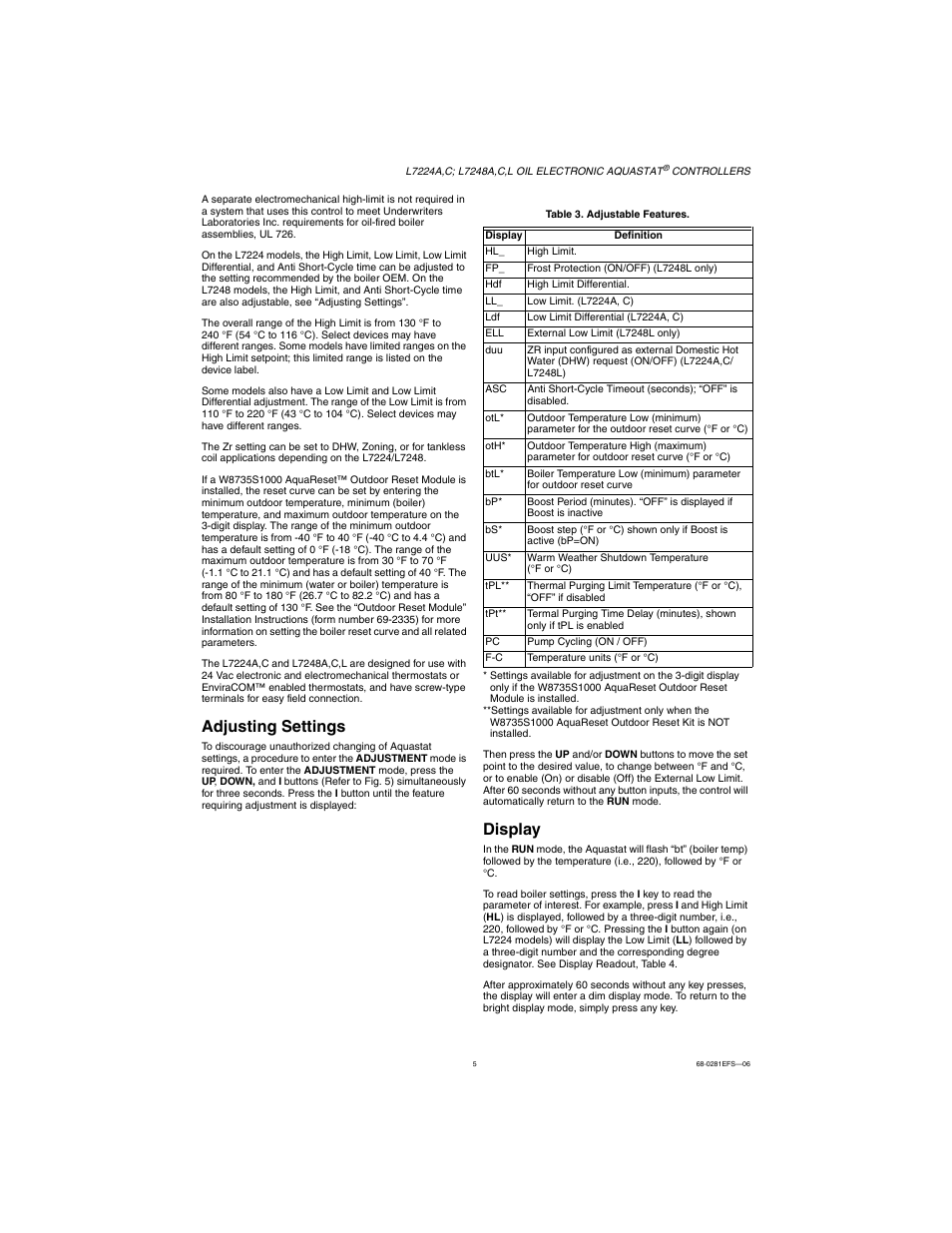 Adjusting settings, Display | Honeywell L7224A User Manual | Page 5 / 52