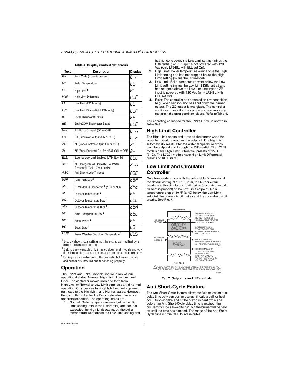 Operation, High limit controller, Low limit and circulator controller | Anti short-cycle feature | Honeywell L7224A User Manual | Page 6 / 52