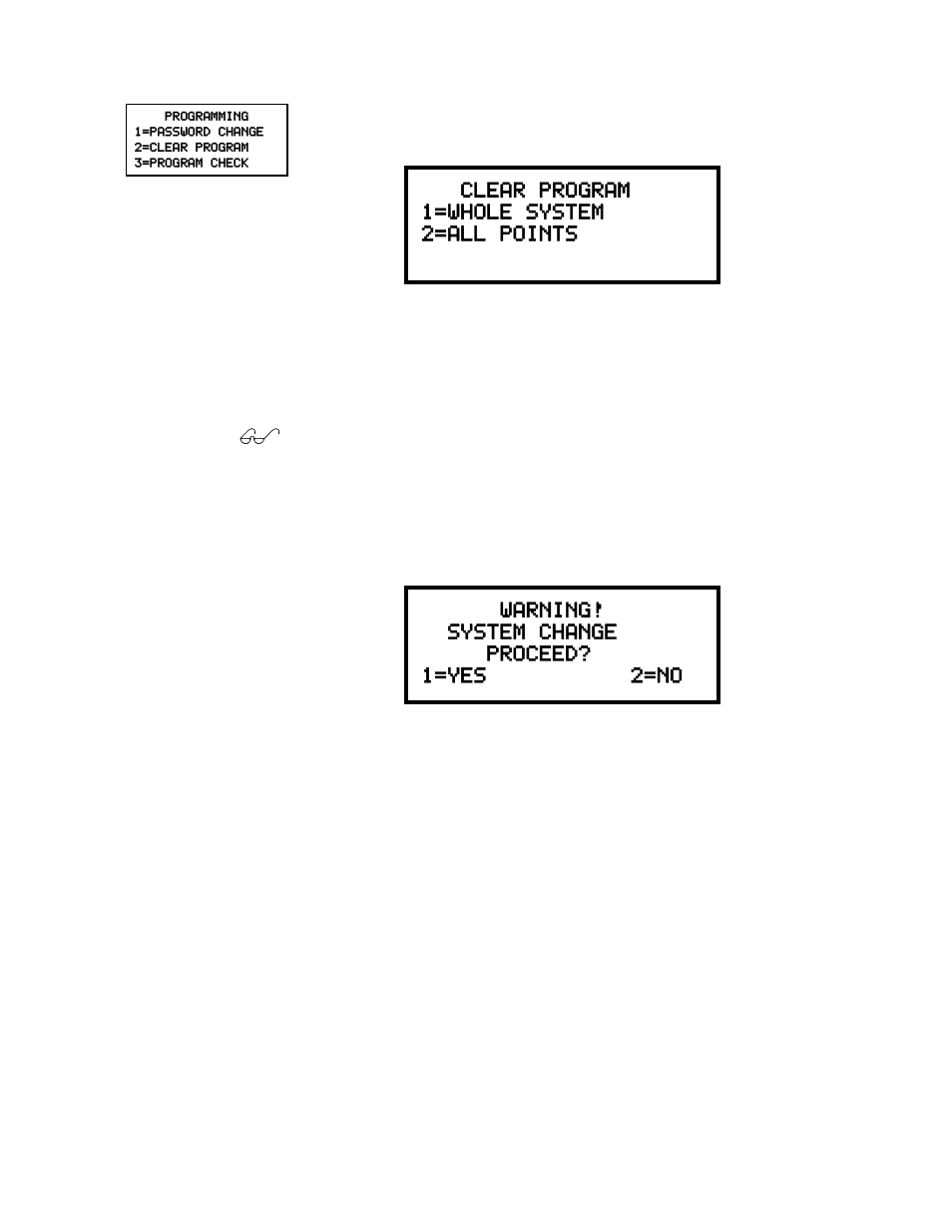 11 clear program, Clear program 1=whole system 2=all points, Warning! system change proceed? 1=yes 2=no | Honeywell MS-9200UDLSE User Manual | Page 144 / 228