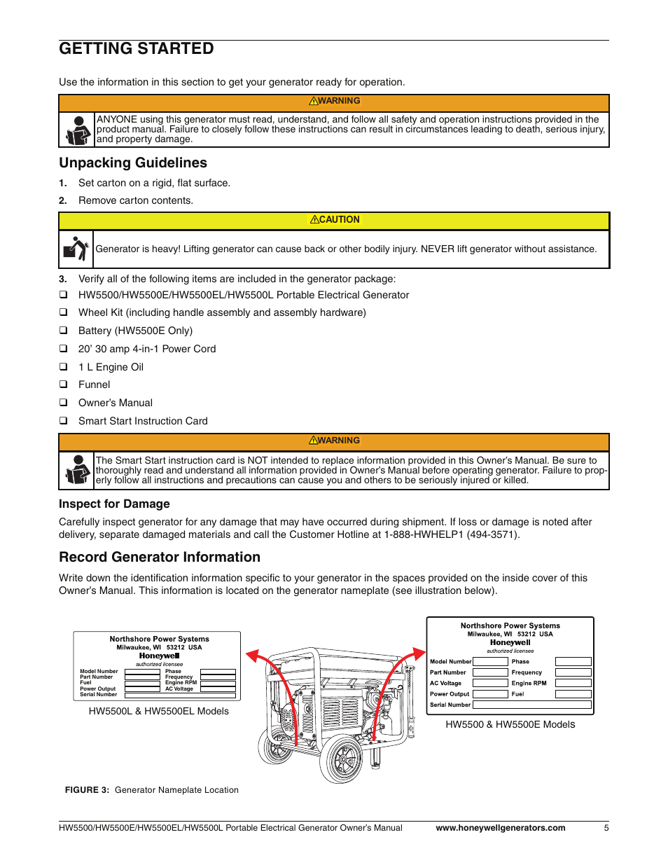 Getting started, Unpacking guidelines, Record generator information | Inspect for damage | Honeywell HW5500L User Manual | Page 11 / 94