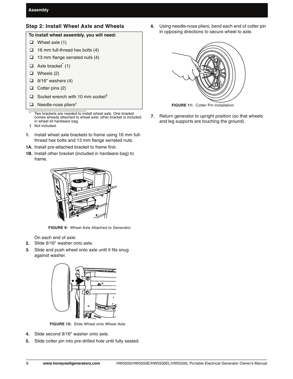 Step 2: install wheel axle and wheels | Honeywell HW5500L User Manual | Page 14 / 94