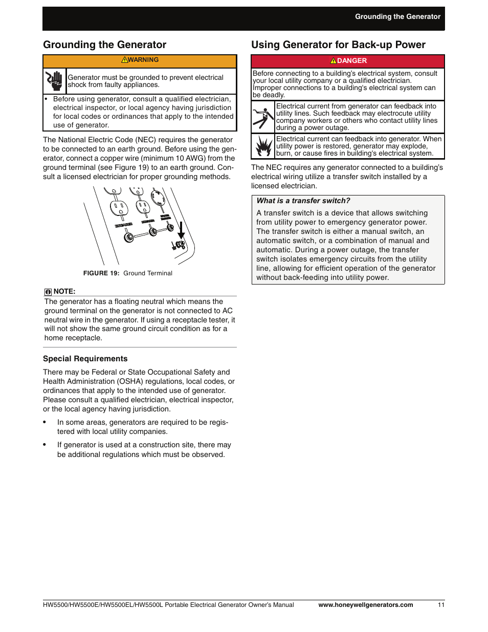 Grounding the generator, Using generator for back-up power | Honeywell HW5500L User Manual | Page 17 / 94