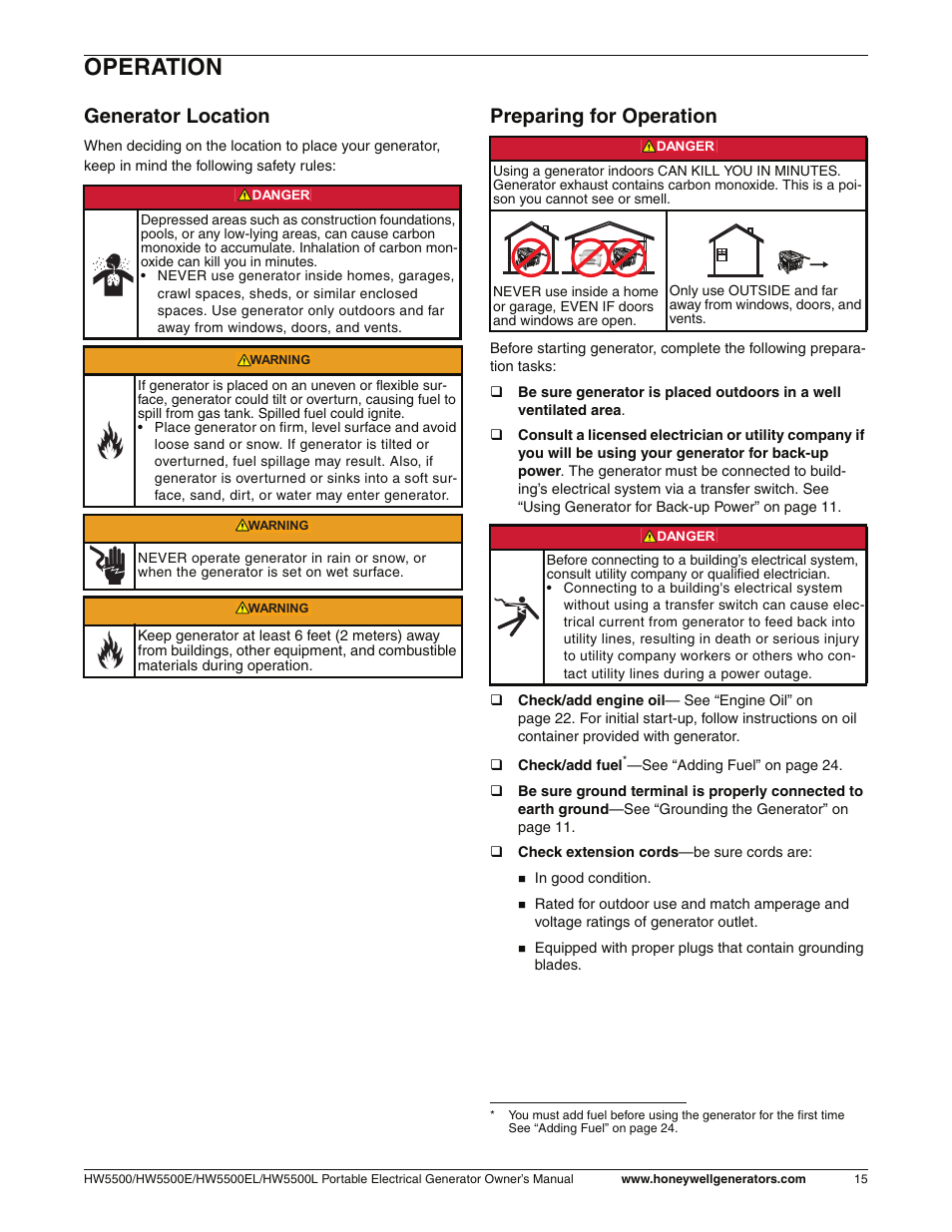 Operation, Generator location, Preparing for operation | Honeywell HW5500L User Manual | Page 21 / 94