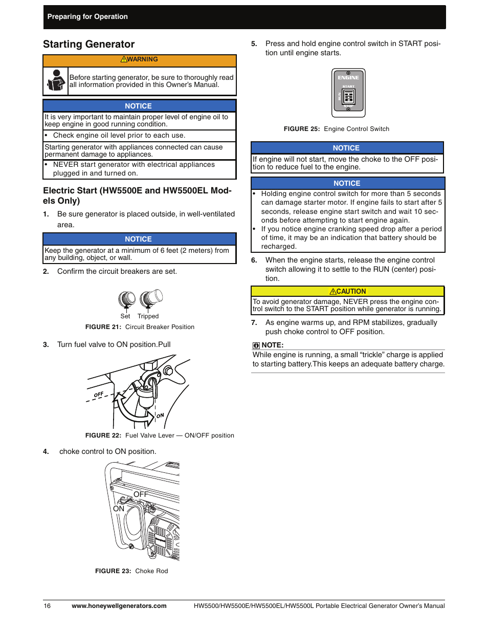 Starting generator, Electric start | Honeywell HW5500L User Manual | Page 22 / 94