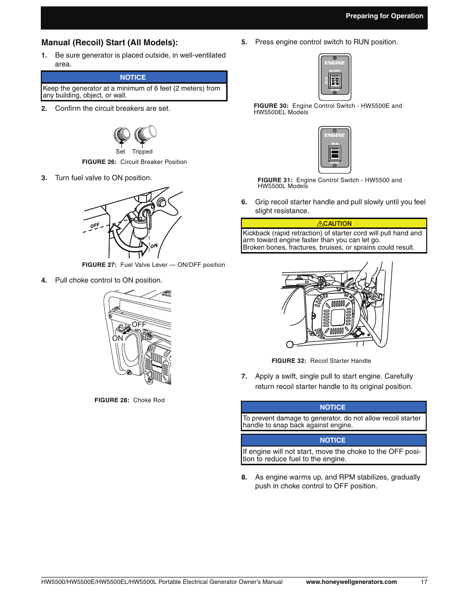 Manual (recoil) start, Manual (recoil) start (all models) | Honeywell HW5500L User Manual | Page 23 / 94