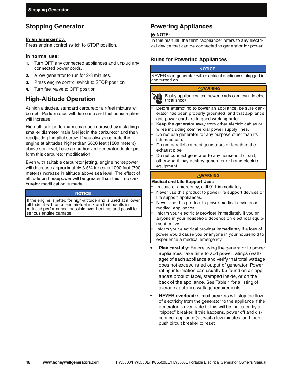 Stopping generator, High-altitude operation, Powering appliances | Honeywell HW5500L User Manual | Page 24 / 94