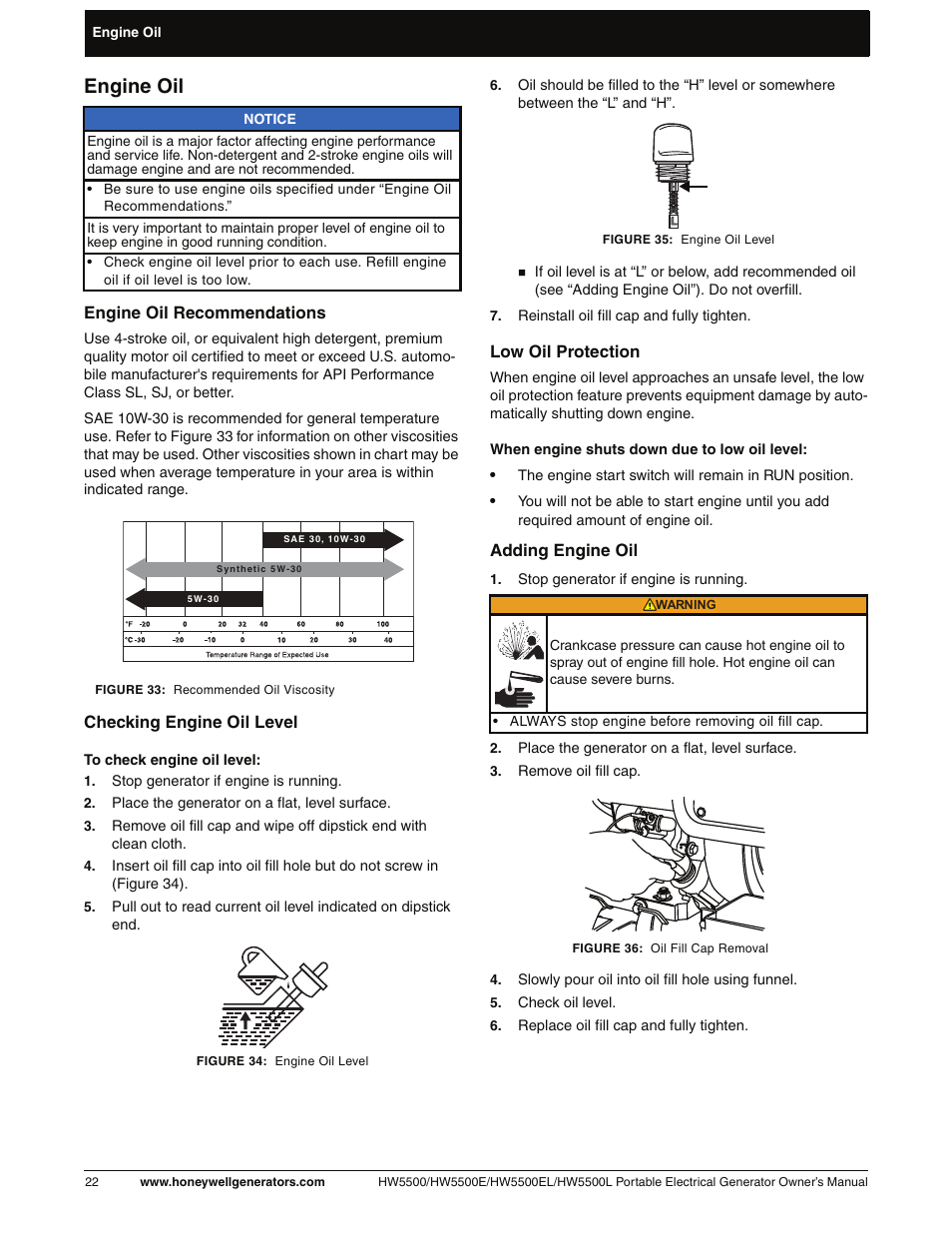 Engine oil, Checking engine oil level, Adding engine oil | Honeywell HW5500L User Manual | Page 28 / 94