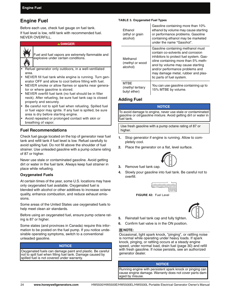 Engine fuel, Adding fuel | Honeywell HW5500L User Manual | Page 30 / 94