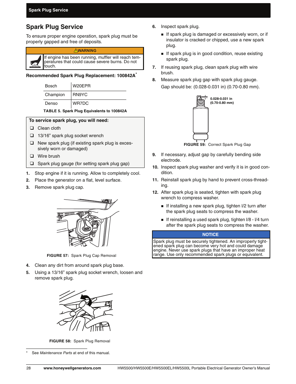 Spark plug service | Honeywell HW5500L User Manual | Page 34 / 94