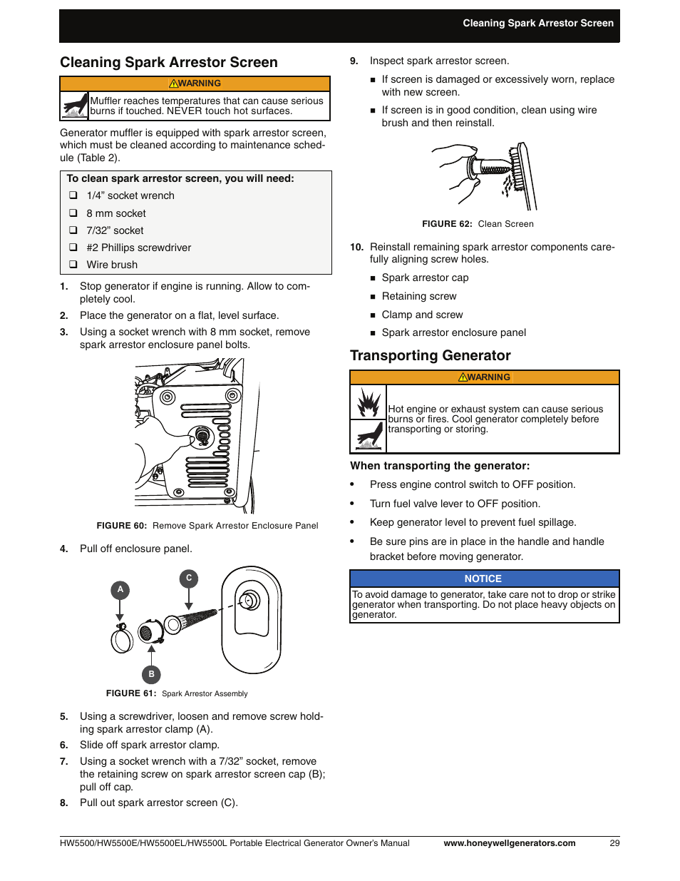 Cleaning spark arrestor screen, Transporting generator | Honeywell HW5500L User Manual | Page 35 / 94