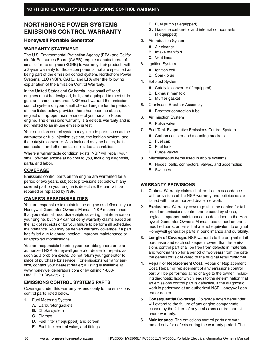 Emissions control warranty | Honeywell HW5500L User Manual | Page 42 / 94