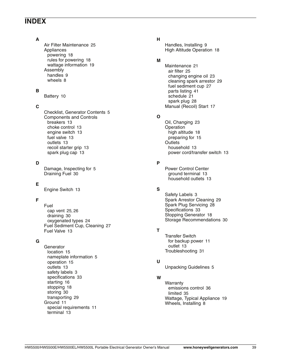 Index | Honeywell HW5500L User Manual | Page 45 / 94