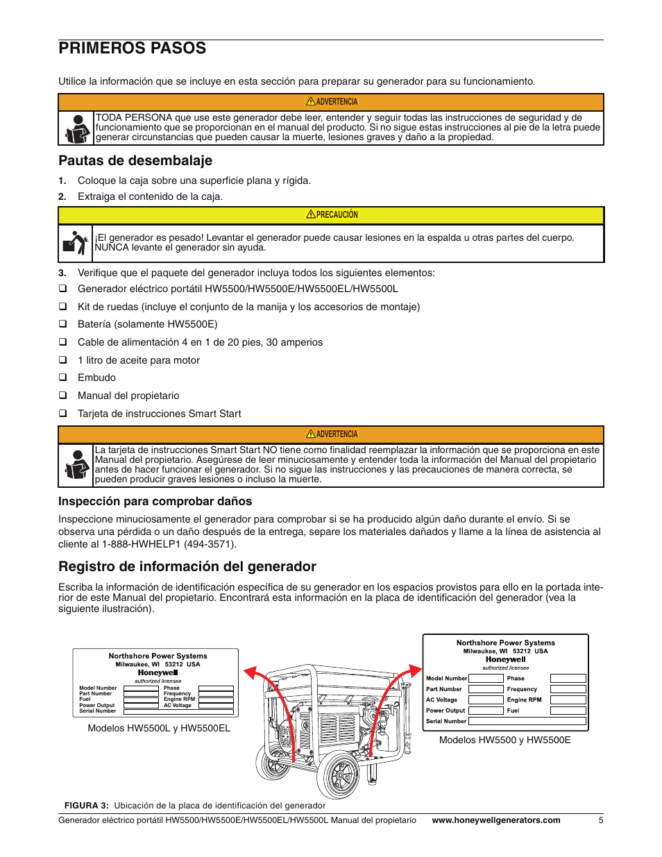 Primeros pasos, Pautas de desembalaje, Registro de información del generador | Inspección para comprobar daños | Honeywell HW5500L User Manual | Page 57 / 94