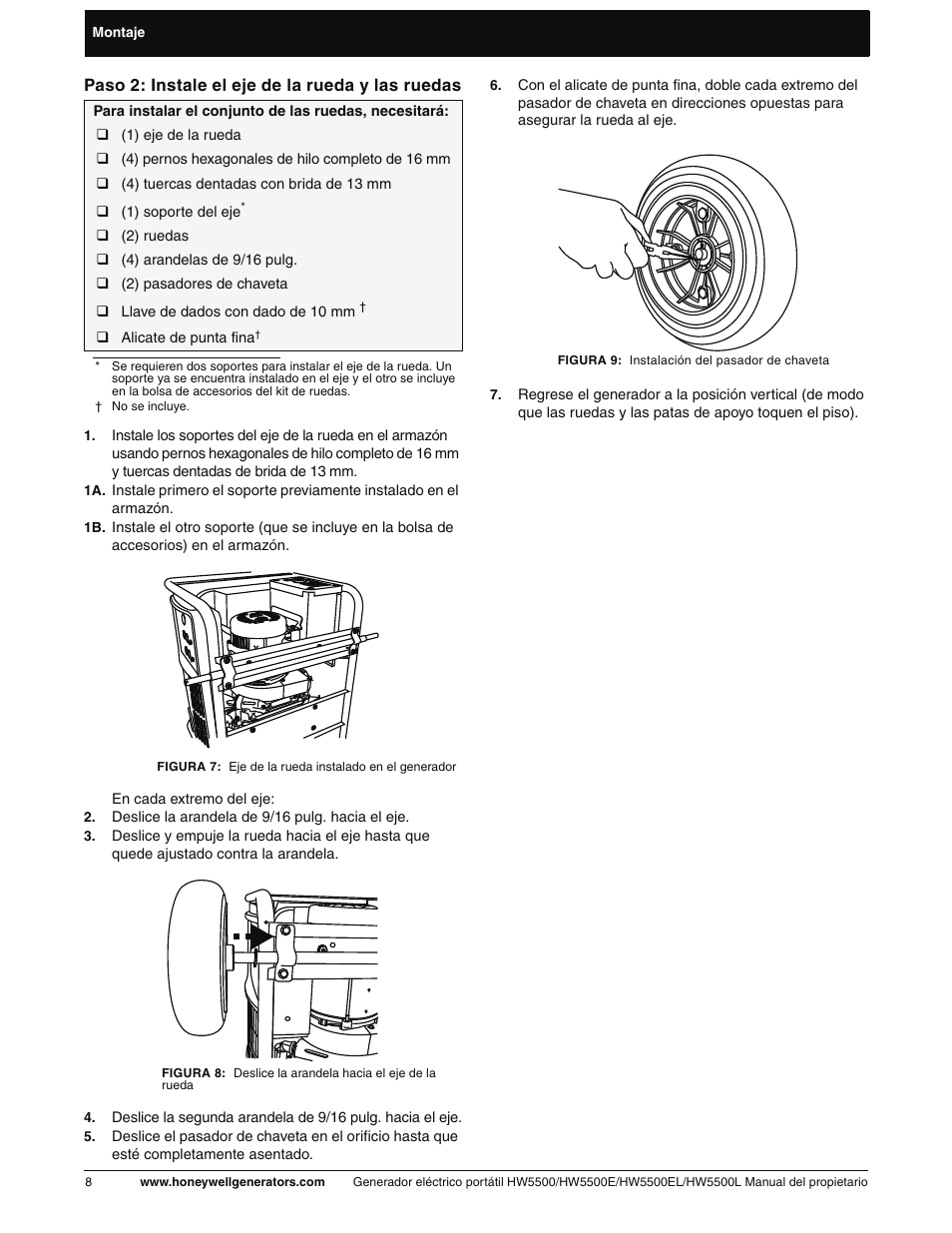 Paso 2: instale el eje de la rueda y las ruedas | Honeywell HW5500L User Manual | Page 60 / 94