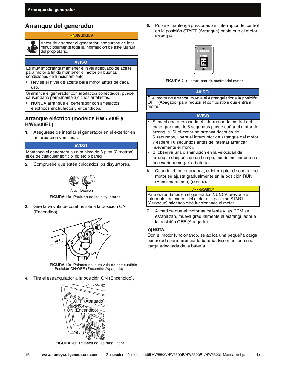 Arranque del generador, Arranque eléctrico | Honeywell HW5500L User Manual | Page 68 / 94