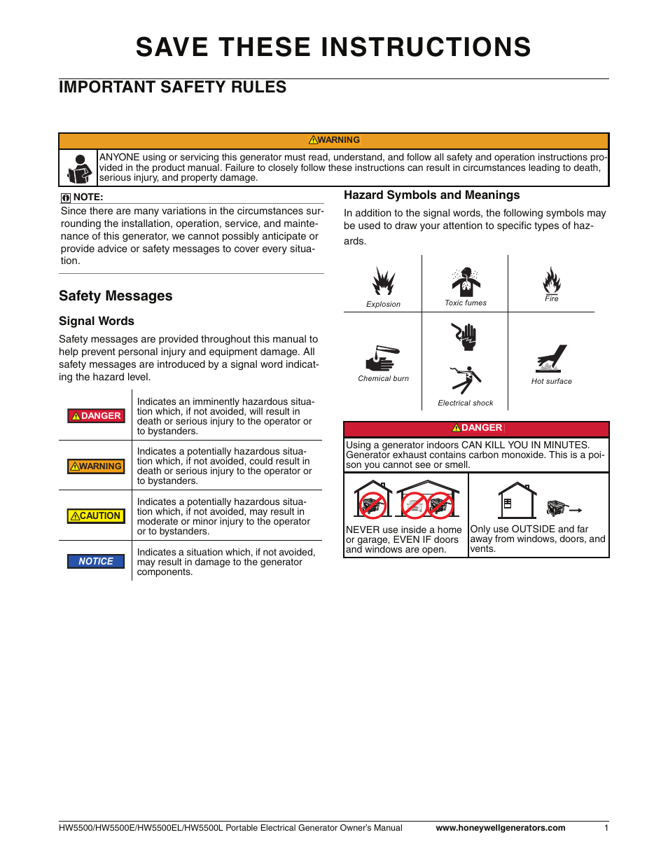 Important safety rules, Safety messages, Save these instructions | Honeywell HW5500L User Manual | Page 7 / 94
